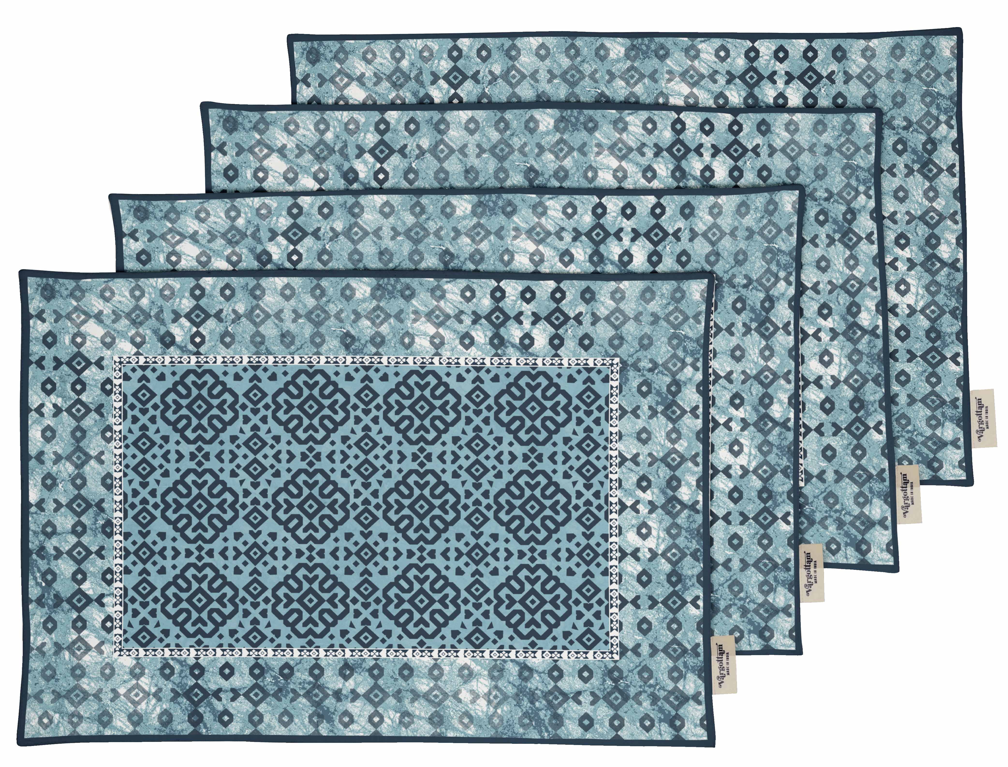 Vargottam Placemats- Placemat For Dining Table, Set Of 4- Printed & Reversible CottonNapkin-IndoorPlacematsFor Home & Kitchen Dining Table- Asian Batik Block (Teal Blue)