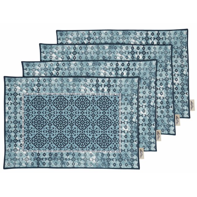 Vargottam Napperons - Napperon pour Table à Manger, Ensemble de 4 - Serviette en Coton Imprimée et Réversible - Napperons d'Intérieur pour Table de Maison et de Cuisine - Bloc Batik Asiatique (Bleu Sarcelle)