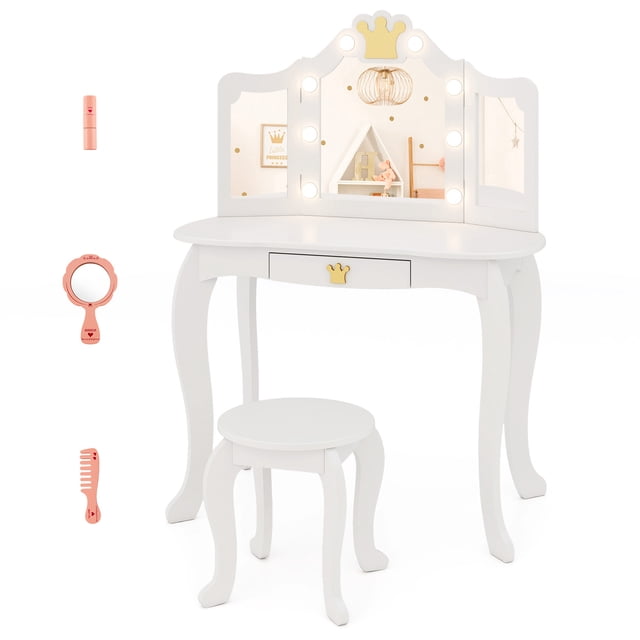 Costway Ensemble de Coiffeuse pour Enfants, Coiffeuse Princesse et Chaise avec Miroir Éclairé en Blanc. l'Ensemble Comprend un Miroir Acrylique Tri-Pliant Incassable avec accents de Couronne, des Lumières DEL Réglables en Trois Couleurs et un Tiroir Coulissant avec une Poignée en Forme de Couronne. le Tabouret Assorti Présente des Pieds Courbés et des Patins Antidérapants pour la Stabilité. les Accessoires Incluent un Rouge à Lèvres Jouet, un Miroir little hand et un Peigne. Convient aux Enfants de 3 à 7 Ans, la Table Mesure 23,5 x 16 x 42 Pouces, et le Tabouret Mesure 12 x 12 x 12