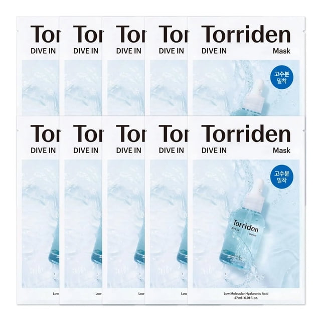 TORRIDEN DIVE-IN Low-Molecular Hyaluronic Acid Masks 10Pcs, a set of sheet masks designed for deep hydration and skin care. Infused with five types of hyaluronic acid, panthenol, and allantoin, the masks soothe and replenish the skin. Packaging features a pastel blue serum bottle and water splash imagery.