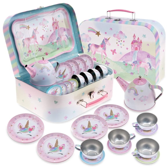Jewelkeeper Ensemble de 15 Pcs pour Enfants, Boîte à Thé et Étui de Transport pour Jeu d'Imitation - Design Unicorn pour Fête