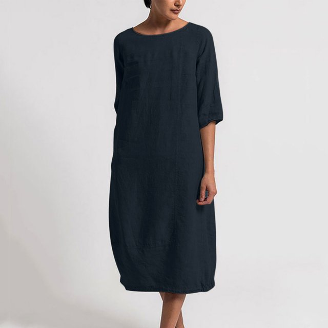 Robe en Coton et Lin pour Femmes Grande Taille Manches 3/4 Col Rond Coupe Ample Droite Unie Midi