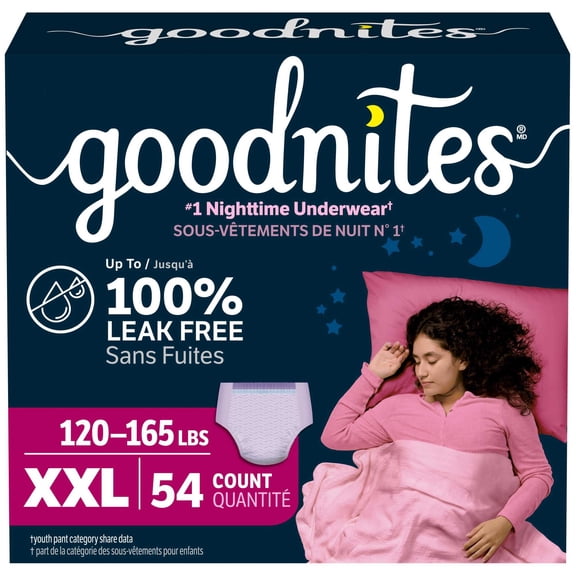 Goodnites Girls' Nighttime Underwear, Size XXL (120-165 lbs), 54 Ct (Select for More)