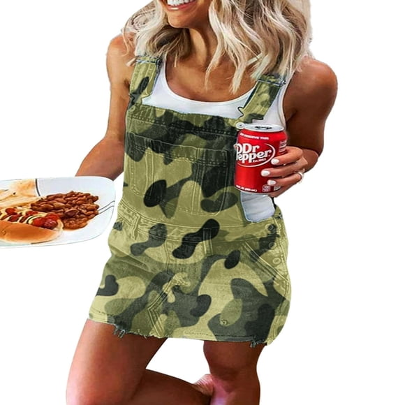 Women Denim Dress Suspender Skirt Adjustable Strap Overalls Bib Skirt Jeans Jumpsuit with Pockets