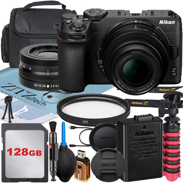 Nikon Z30 Mirrorless Camera with NIKKOR Z DX 16-50mm VR Zoom Lens + 128GB Memory Card + Case + UV Filter + ZeeTech Accessory Bundle