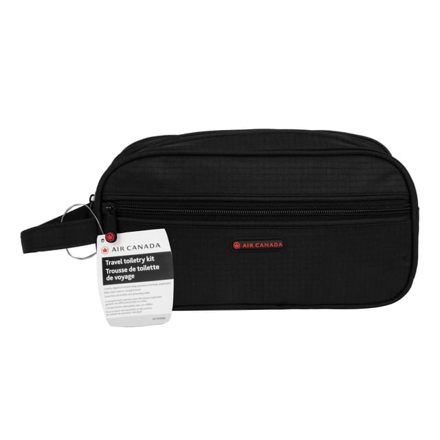 Air Canada Travel Toiletry Bag in black with three zippered compartments and a side handle, featuring a red and black Air Canada logo patch. Designed for organizing full-size bottles and personal care essentials while travelling, it is also suitable for storing grooming tools.