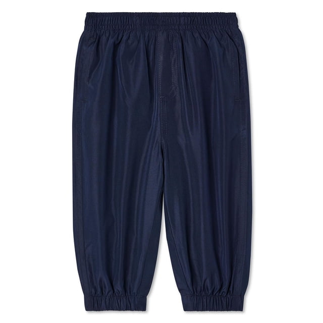 George Baby Boys' Lined Splash Pant in navy blue featuring elasticized waistband and cuffs, made from water-repellent pongee with soft jersey lining, relaxed fit baby boy bottoms suitable for outdoor play and wet weather.