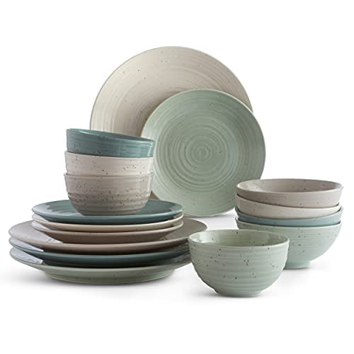 Sango Siterra Ensemble de Vaisselle en Grès Mélange d'Artiste de 16 Pcs avec Assiettes Rondes et Bols, Multicolore
