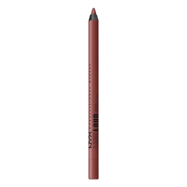 NYX PROFESSIONAL MAKEUP Line Loud Waterproof Lip Pencil in muted rose color, shown upright with a sharpened tip and smooth matte finish, featuring black printed branding. This longwear, vegan lip liner is infused with vitamin E for soft, comfortable wear and precise application, suitable for defining and shaping lips.