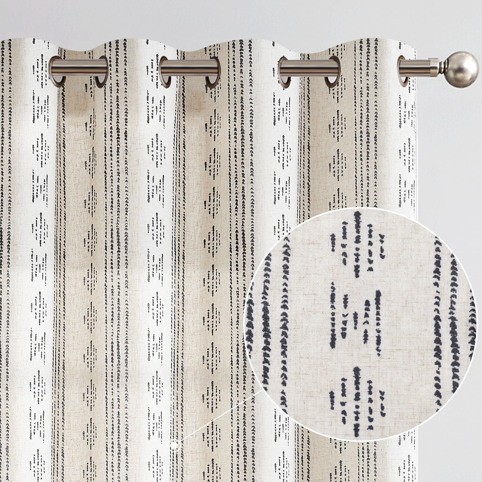 Curtainking Rideaux à Oeillets Rideaux en Lin pour Salon Rideaux de Fenêtre 52x63 Pouces à Rayures Géométriques 2 Panneaux Noir sur Beige