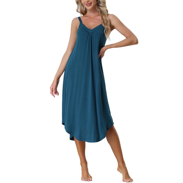 INSPIRE CHIC Robe de Pyjama Décontractée pour Femmes, Nuisette à Bretelles Spaghetti, TG Bleu Foncé