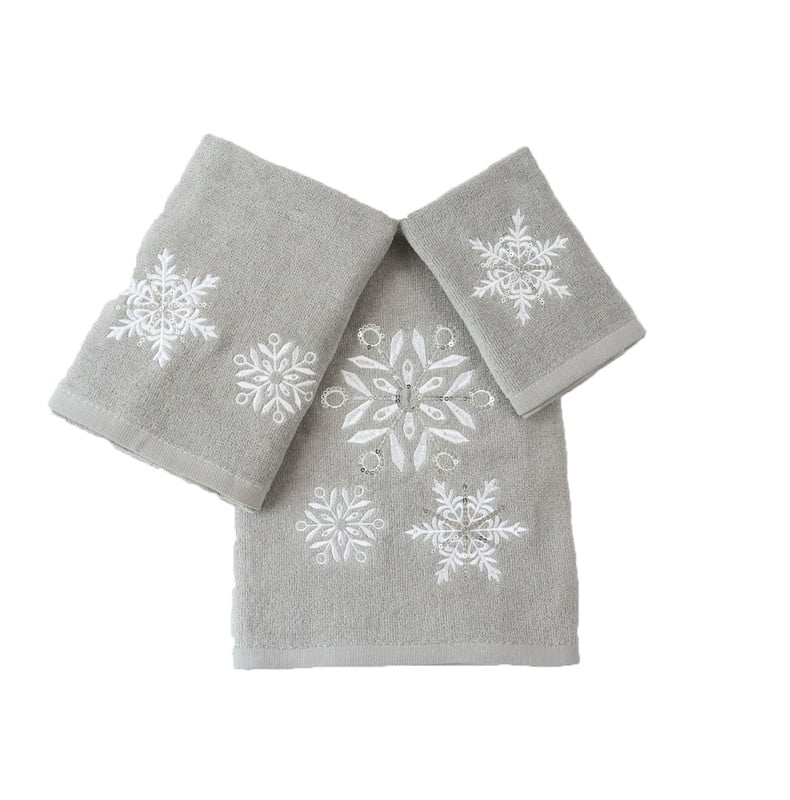 Marina Decoration Xmas Premium Luxury Decor Ultra Soft 100% Cotton Embroidered Bathroom Modern Christmas 3 Piece Towel Set, Grey White Color Grey Snowflake Pattern