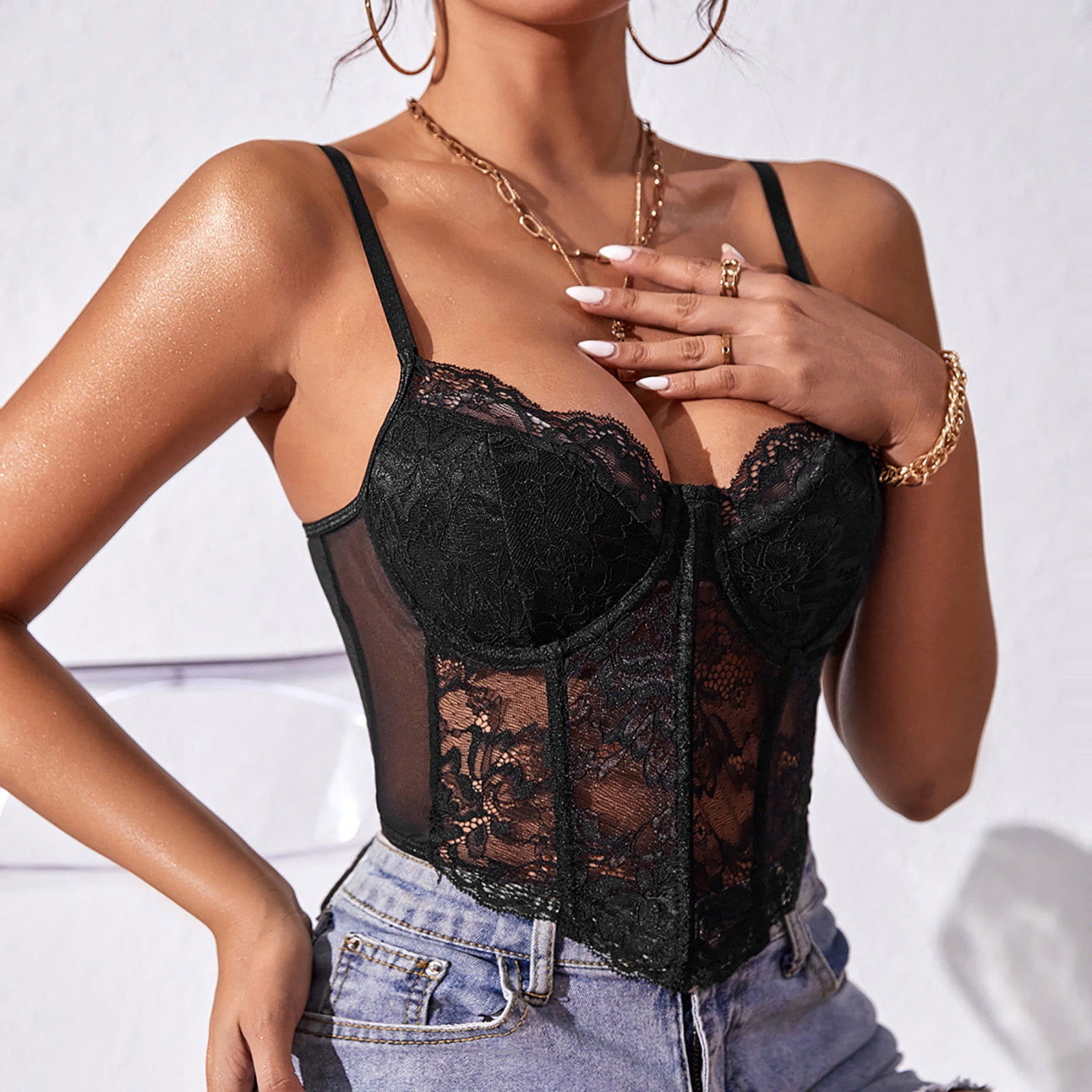 VKOYWKM Women's Sleeveless Tops Lace V Neck Camisole Tops Push Up