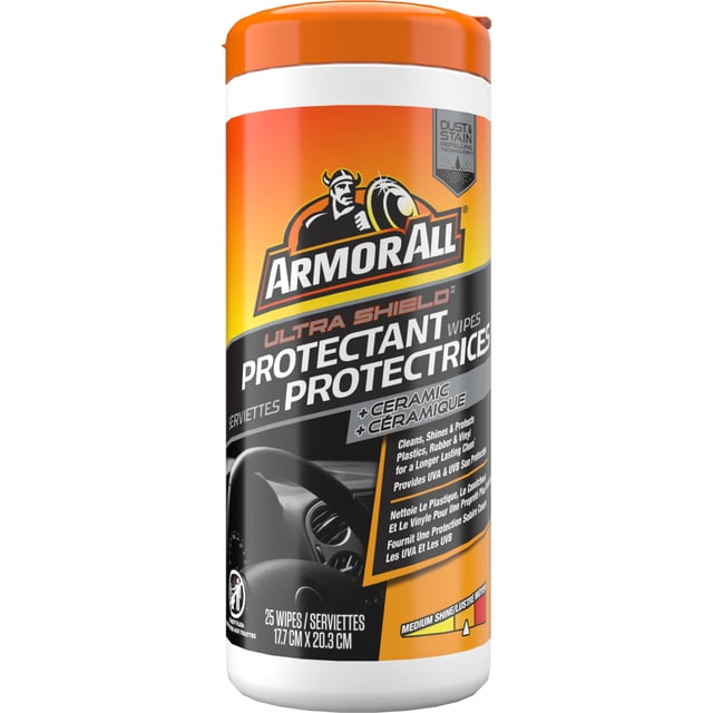 Armor All Extreme Shield Contenant de Lingettes Protectrices avec 25 Lingettes en Emballage orange et Blanc. Ces Lingettes Nettoyantes pour Intérieur Automobile Mettent en Vedette Ultra Shield avec Céramique pour Nettoyer, Faire Briller et Protéger les surfaces en Plastique, Caoutchouc et Vinyle. Elles Offrent une Brillance Moyenne, une protection UV et Aident à Prévenir la Poussière et les Taches, Mesurant 17,7 cm par 20,3 cm par Lingette.