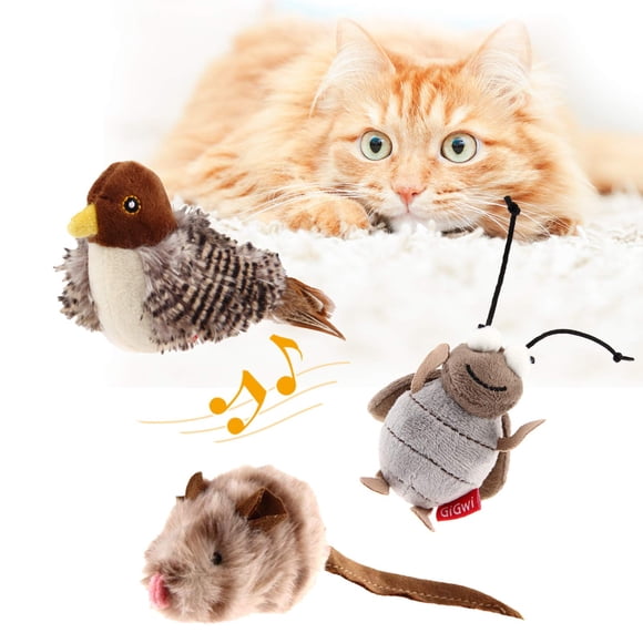 Gigwi Ensemble de Jouets Interactifs pour Chats, Jouets à Plumes Couinantes pour Chats d'Intérieur, 3 Pcs Pack de Jouets en Peluche Incluant Chasse à la Souris Jouet pour Chat, Jouet de Chasse aux Oiseaux, Jouet de Cricket Chantant pour Chat
