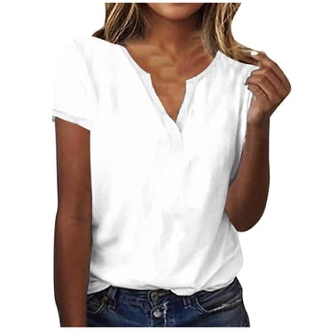 Timegard Hauts pour Femmes à Épaules Tombantes, Col en V, Manches Courtes, Couleur Unie, T-Shirts Confortables, Été, Décontracté