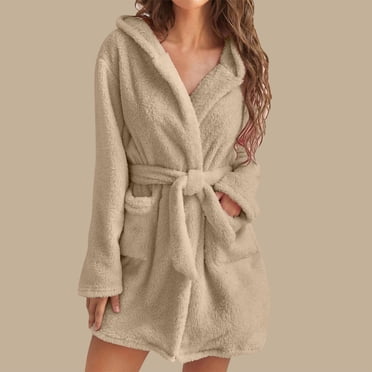 Hot ! TIMIFIS Women Hooded Fleece Robe Short Plush Robes for Womens With Hood Soft Warm Spa Bathrobe Soft Fuzzy Bathrobe Spa Robe Winter Warm Pajamas Shower NightgownFlash