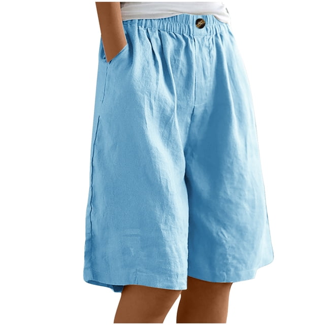 Timegard Wide Leg Shorts for Women Cotton Linen Elastic Waist Button Loose Solid Color Knee Length Pants