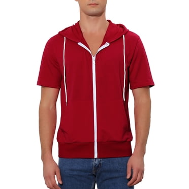 INSPIRE CHIC Men's Short Sleeve Hoodies Solid Color Zip Up Jackets with Hood S Burgundy