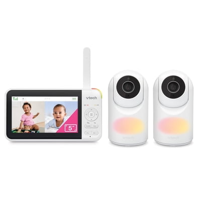 VTech VM5267-2 2 Camera 5” Digital Video Baby Monitor with Pan and Tilt and Night Light, White