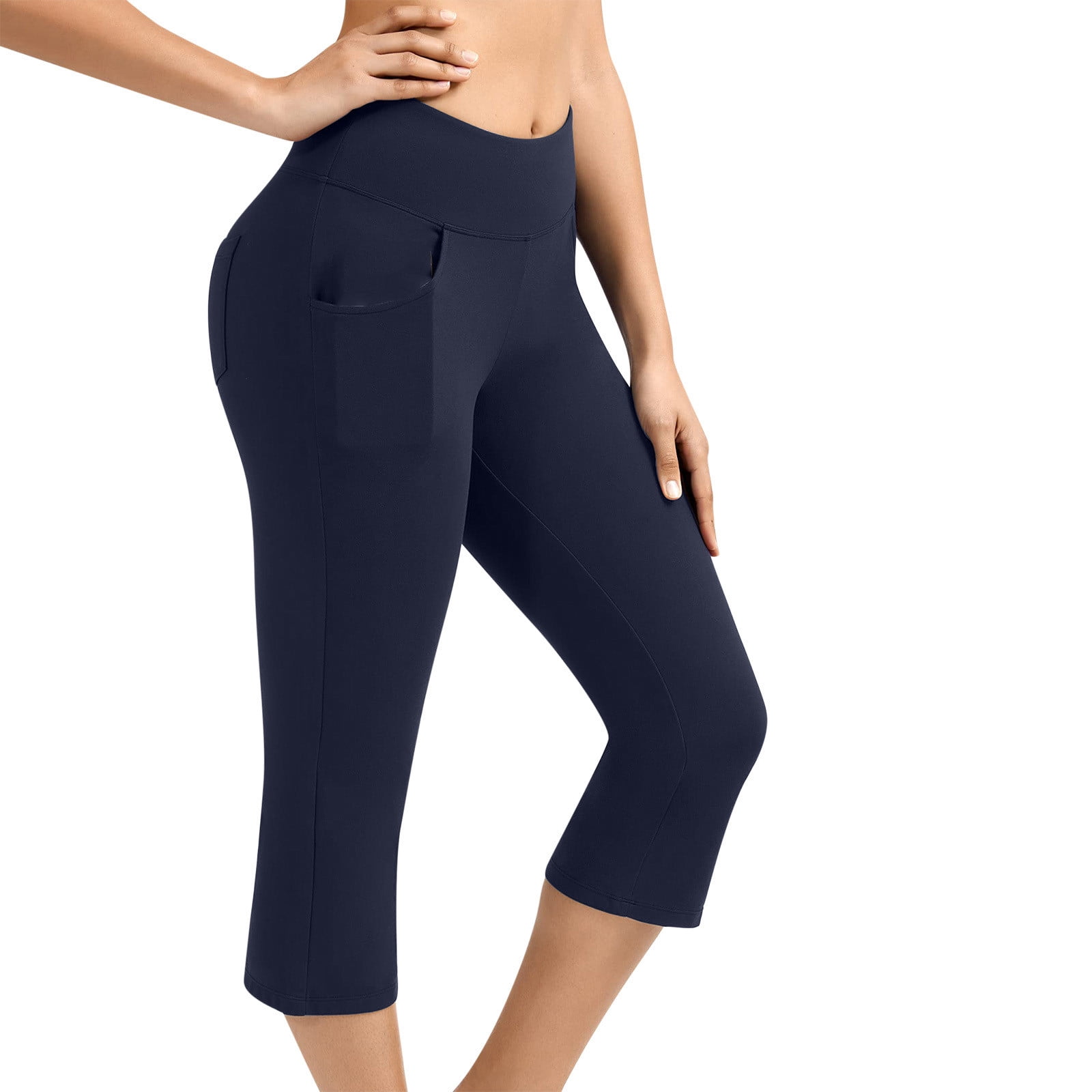 Womens Yoga Pants High Waisted Solid Color Knee Length Leggings Workout Exercise Capris Pants For Women