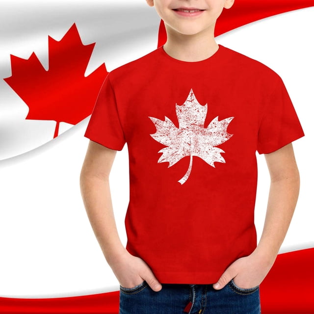 T-shirts pour Garçons Enfants Garçons et Filles Été Fête du Canada Drapeau Feuille d'Érable Monogramme Imprimé Décontracté Col Rond Manches Courtes T-Shirt Hauts d'Été Rouge 4 Ans-5 Ans