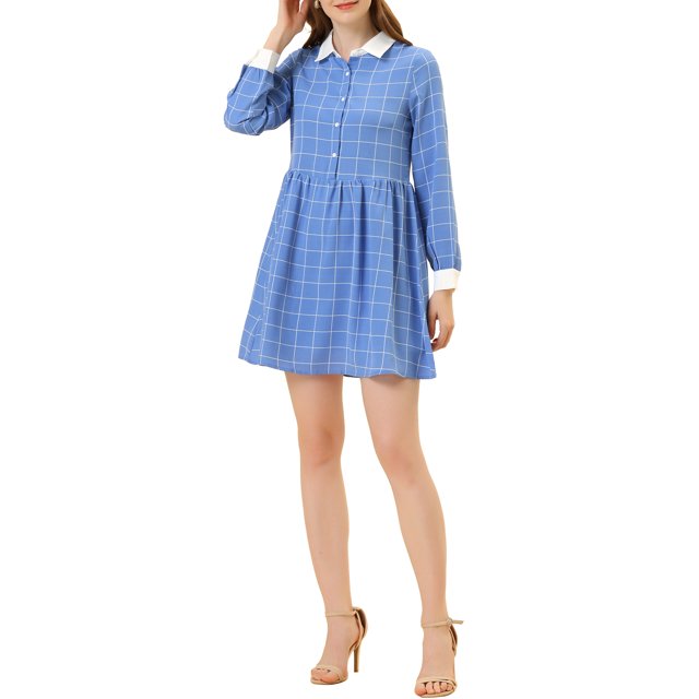 INSPIRE CHIC Robe-Chemise à Carreaux pour Femme à Manches Longues Boutonnée à Col Pointu m Bleu