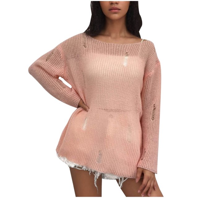 Chandails Décontractés pour Femmes Mode Chandail Décontracté pour Femmes à Manches Longues Col Rond Uni Chandail pour Dames Hauts Blouse Chandail Ample Hauts pour Femmes P-28 Rose-A S