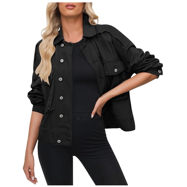 Timegard Jean Jacket for Women Long Sleeve Button down Vintage Fall Fashion Cargo Denim Jacket with Pockets