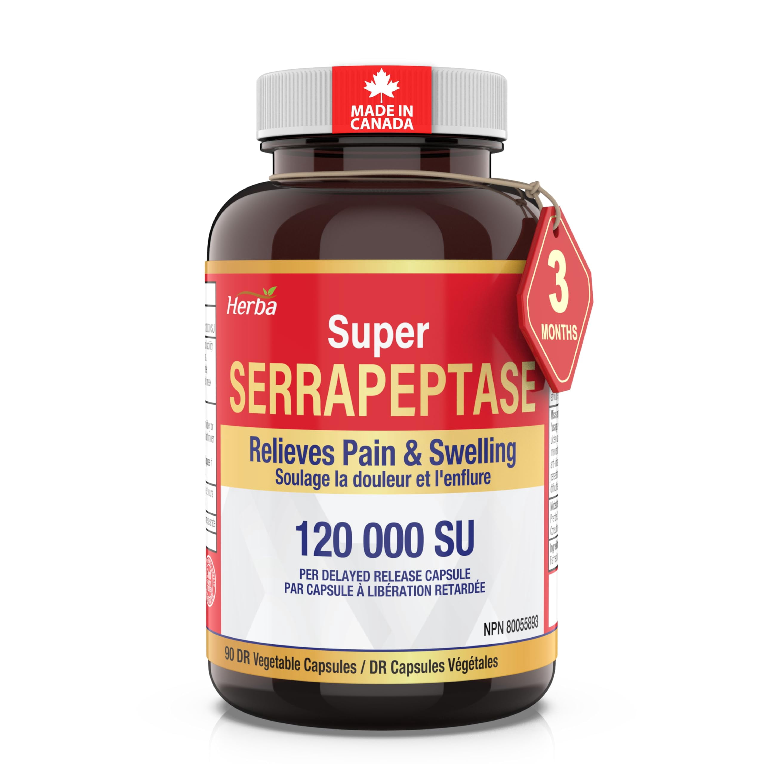 Herba Serrapeptase - 120,000 SU | 90 Capsules - 60mg | Made in Canada
