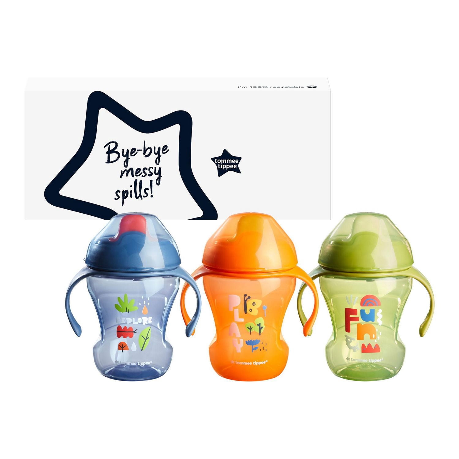 Tommee Tippee Sippee Trainer Cup with Handles, Water Bottle for Toddlers, Spill-Proof, BPA Free, 3x8oz, 7m+, Blue, Orange and Green