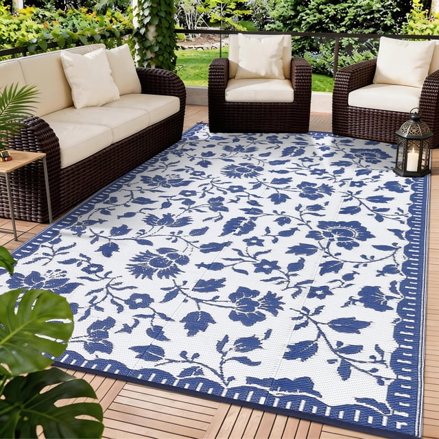 Garvee 6'x9' Outdoor Rug Waterproof Floral Camping Carpet, Reversible Plastic Straw Rug Outdoor Rug for Patio RV Balcony Backyard, Dark Blue