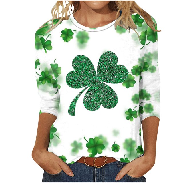 Besolor Hauts pour Femmes de la Saint-Patrick Tendance Manches 3/4 T-Shirts Imprimés Shamrock Col Rond Mignon Tunique de la Saint-Patrick T-Shirt Hauts