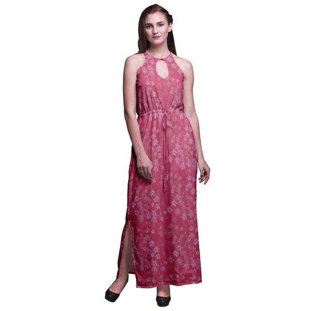Bimba Floral Ladies Crew Neck Waist String Print Maxi Dress with Side Slits Summer Wear-Medium