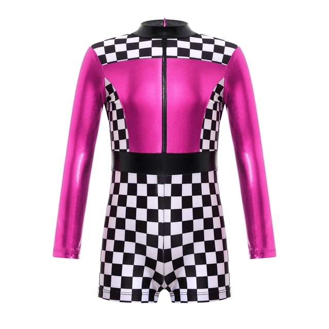 Hansber Justaucorps de Pilote de Course pour Filles Halloween Enfants Coureur Combinaison Courte Justaucorps à Imprimé Damier Rose Vif 6