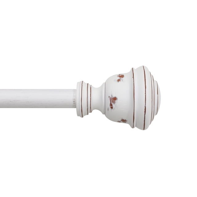 Mainstays 3/4” White Faux Wood Urn Adjustable Window Curtain Rod, 30”-84” showing a close-up of the white faux wood rod with a 3/4 inch diameter and urn-shaped finial featuring distressed brown accents, adjustable from 30 to 84 inches, ideal for lightweight curtains or sheers and includes mounting hardware.