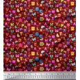 thumbnail image 1 of Soimoi Tissu Crêpe Polyester Rouge Insectes, Soleil & Alphabets Dessin Animé Tissu au Mètre 52 Pouces de Large, 1 of 3