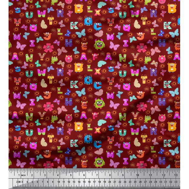 Soimoi Tissu Crêpe Polyester Rouge Insectes, Soleil & Alphabets Dessin Animé Tissu au Mètre 52 Pouces de Large