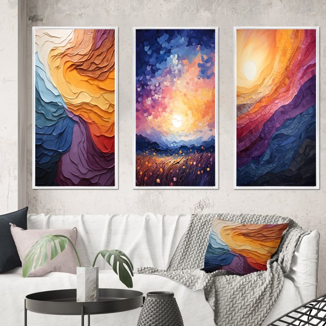 Designart "Lyrical Sunset Yellow Orange Abstraction II" Abstract Framed Wall Art Set Of 3 - Yellow Lyrical Abstraction Frame Gallery Set For Office Decor