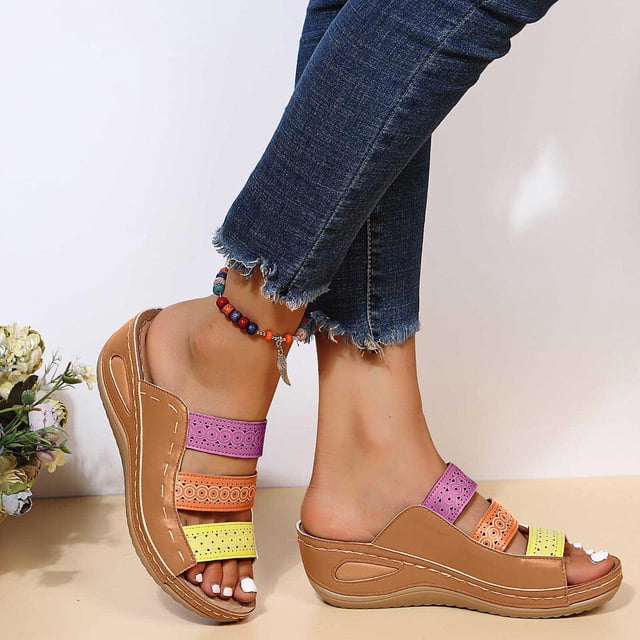 LSLJS Pantoufles Romaines Décontractées à Plateforme Colorblock pour Femmes Dames, Sandales Compensées Correctrices, Pantoufles pour Femmes