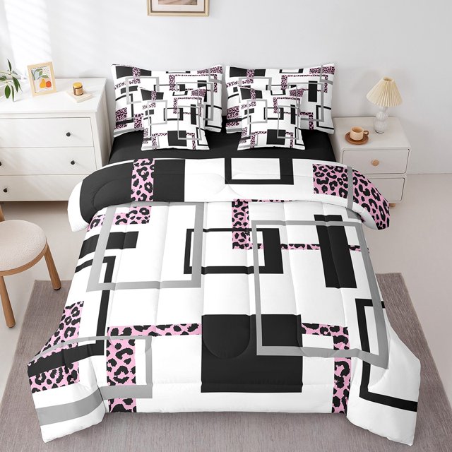 YST Ensemble de Douillette Moderne Simple 7 Pcs, Ensemble de Lit Rayé Mi-Siècle pour Filles Femmes, Ensembles de Literie Motif Léopard Abstrait, Ensembles de Lit Réversibles Art avec Drap Plat et Drap-Housse, Couvre-Oreillers
