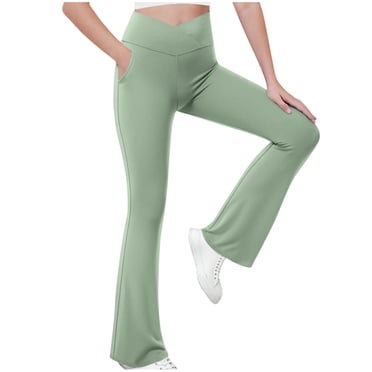 Pitauce Leggings Évasés Taille Haute Croisée pour Filles avec Poches, Pantalon de Yoga Bootcut à Jambe Grand pour Enfants, Extensible, Danse, Pattes d'Éléphant, Vêtement de Sport