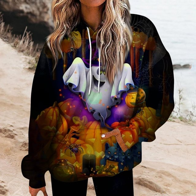 MesaSe Chandails en Molleton Décontractés Polyvalents à Col Rond pour Femmes Halloween Mode Quotidienne Manches Longues Imprimé