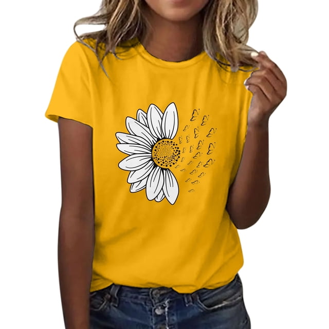 WTXUE T-Shirts à Manches Courtes, Col Rond, Graphiques, pour Femmes, Été, Ample, Blo, Coton Floral, Décontracté, Jaune/tournesol m