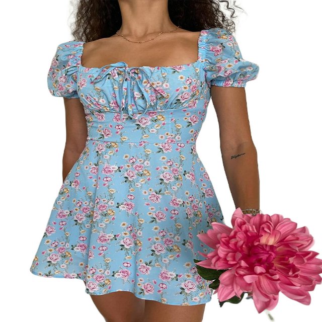 Femmes Floral Puff Sleeve Mini Robe Cordon Ruché Cou Carré une Ligne Robe Courte d'Été