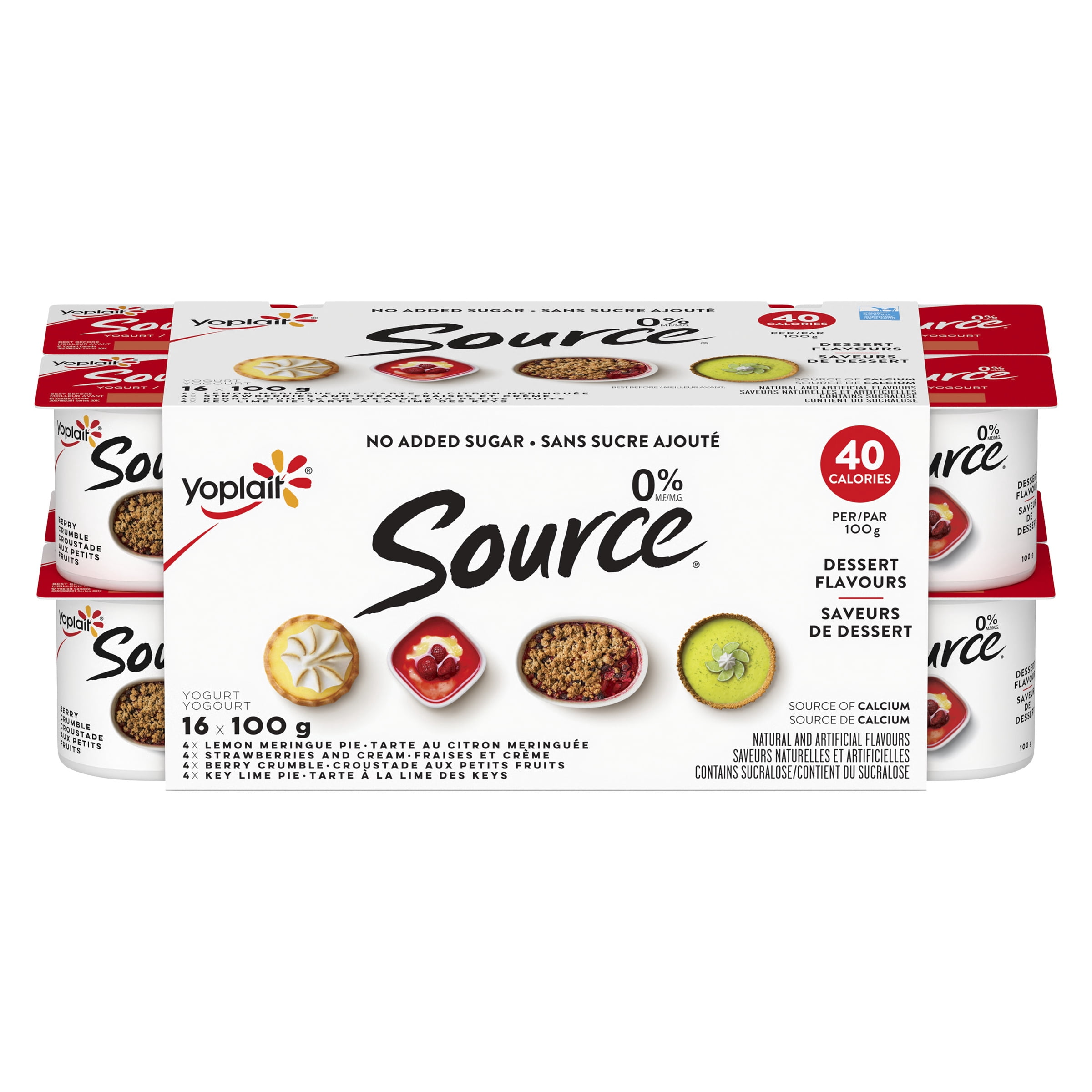 Yoplait Source 0% Smooth Traditional Yogurt Cups Variety, No Added Sugar, 16x100g