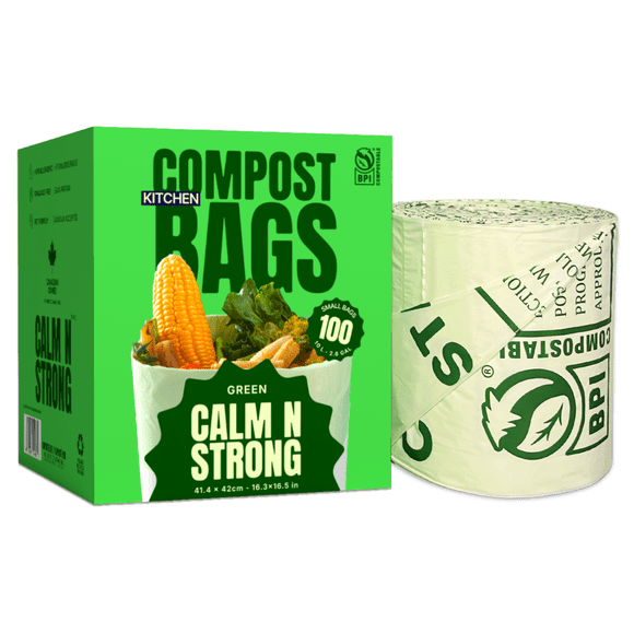 CALM N STRONG Certified Compostable Trash Bags - Small 10 Litres - 100 Kitchen Food Waste Bags - Unscented