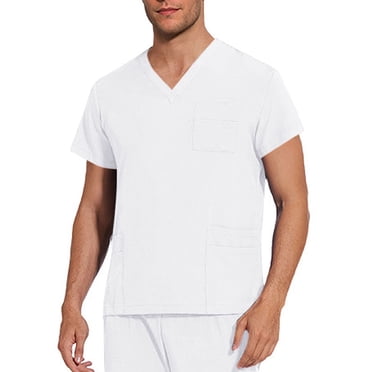 Amzcrzy Scrubs for Men Solid Color V Neck Scrub Tops Fashion Short Sleeve Workwear Nursing Scrubs with Pockets