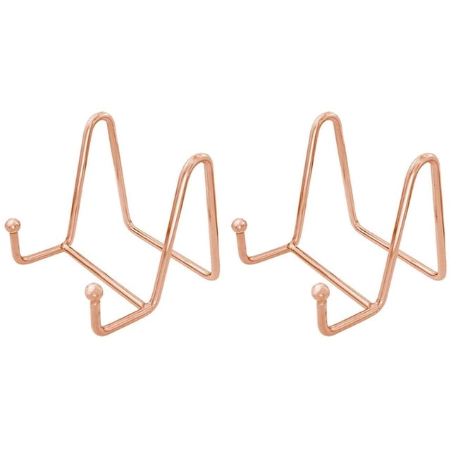 Rose gold decorative plate stand holder set, featuring two iron wire easels with a sleek electroplated finish. Each stand is lightweight and portable, suitable for displaying photos, books, artwork, collector plates, and more. The large stand measures 15 cm on the oblique side, 14 cm in height, and 12 cm in total length, while the small stand measures 8 cm on the oblique side, 6 cm in height, and 5 cm in total length. Ideal for home or office decor, adding elegance to any room.
