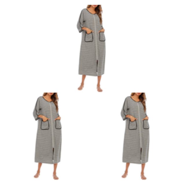 yingyy 1/2/3 Polyester Robe de Nuit pour Femmes Décontractée de Remplacement Col Rond Manches Longues Double Poche Respirante Peignoir de Maison Vêtement de Nuit Gris TTG 3 Pcs